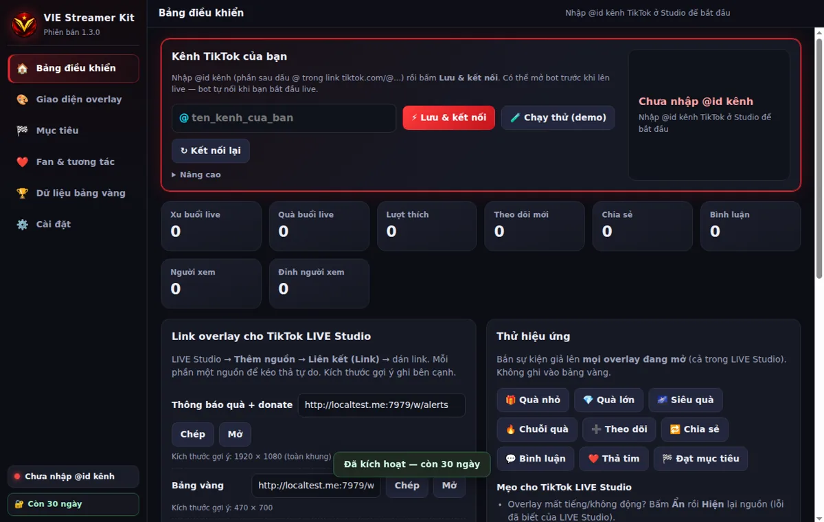 Giao diện app VIE Streamer Kit: bảng điều khiển, link overlay cho TikTok LIVE Studio